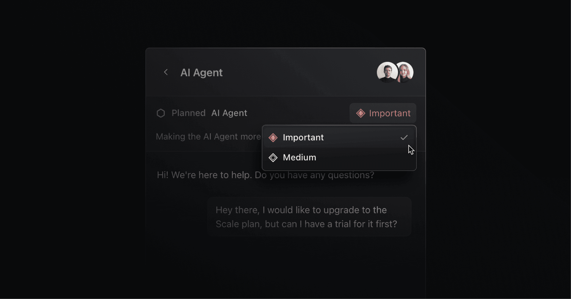 Support portal showing importance dropdown with Important and Medium options